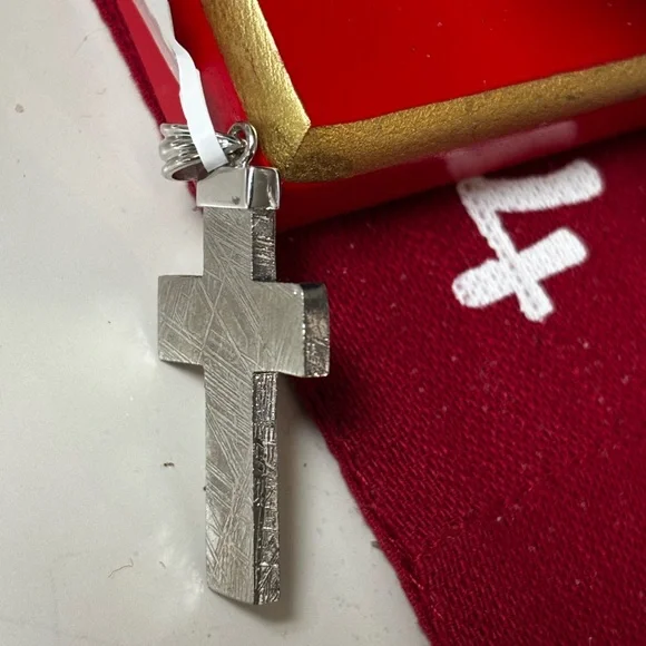 COPY - Natural Muonionalusta Large Meteorite Beveled Cross Silver Pendant 925 U…